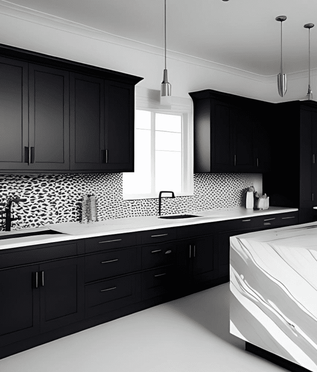 Modern black kitchen with a white quartz Calacatta waterfall island, gold pendant lights, and a stylish backsplash