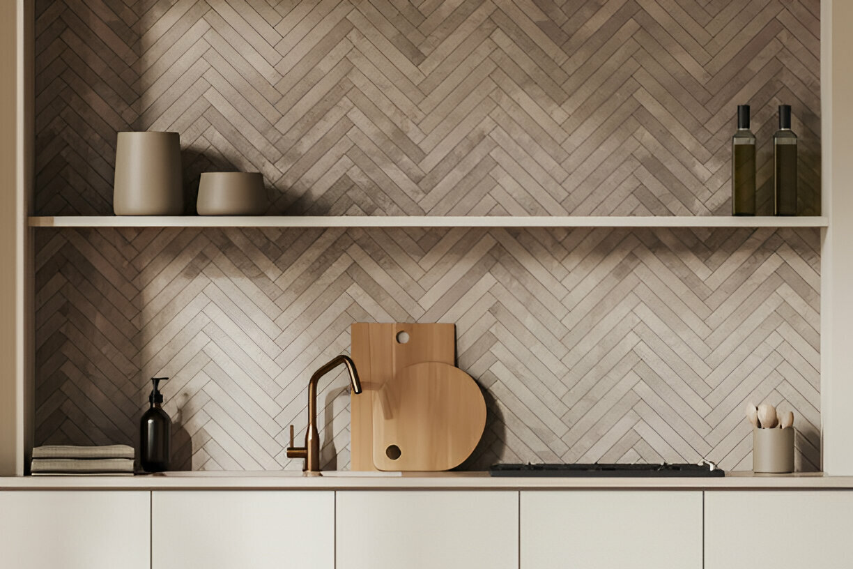 Minimalist kitchen with herringbone tile backsplash and bronze faucet