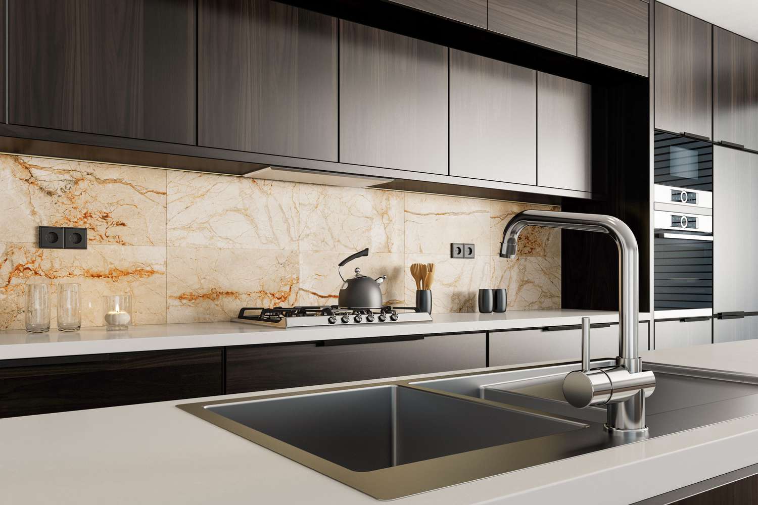 Modern kitchen with marble backsplash and sleek chrome faucet