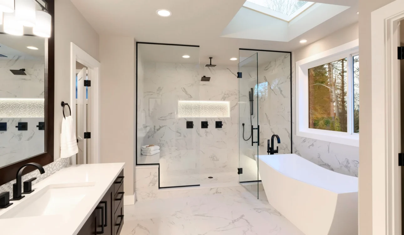 Bright modern bathroom featuring a walk-in glass shower, freestanding soaking tub, black matte fixtures, and marble-look tiles