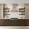 Elegant kitchen with taupe and dark wood two-tone cabinets, marble backsplash, and open floating shelves