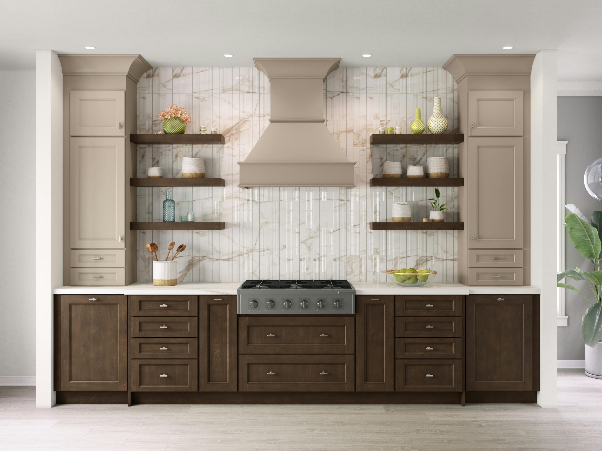 Elegant kitchen with taupe and dark wood two-tone cabinets, marble backsplash, and open floating shelves