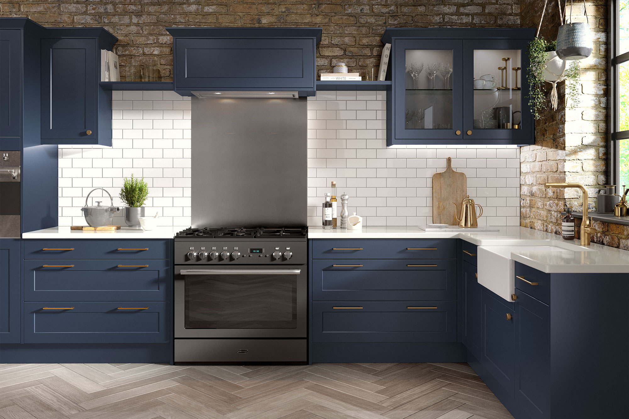Modern kitchen featuring navy blue shaker cabinets, white countertops, white subway tile backsplash, and exposed brick wall