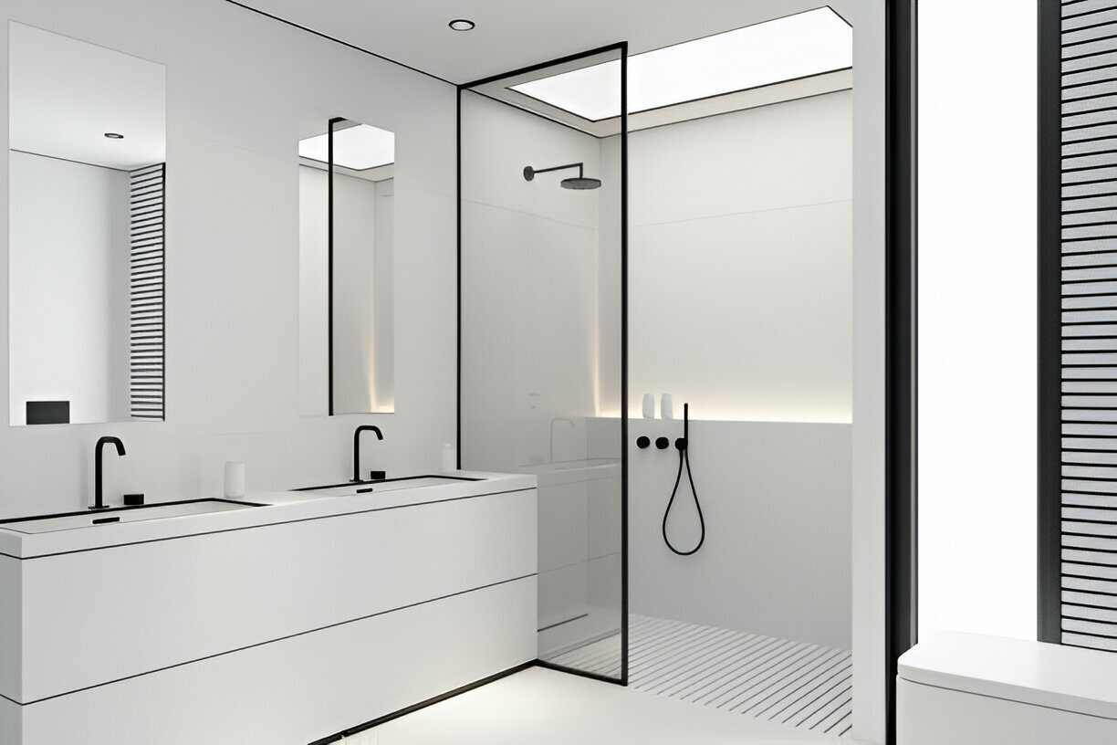 Minimalist white bathroom with black fixtures and walk-in shower