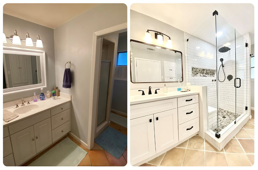 Side-by-side comparison of a bathroom before and after remodeling, featuring a new glass-enclosed shower and modern vanity