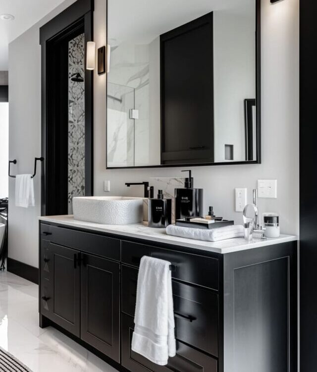 This-design-embraces-boldness-with-its-dark-black-walls-and-a-floating-vanity-with-a-sculptural-vessel-sink