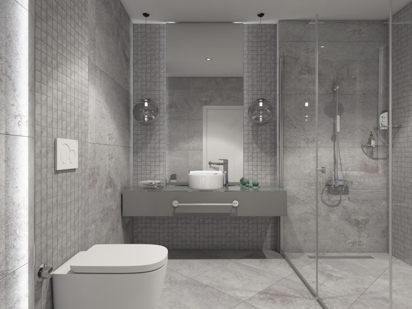 Modern gray bathroom featuring a floating vanity, glass shower enclosure, and large mirror with contemporary pendant lighting