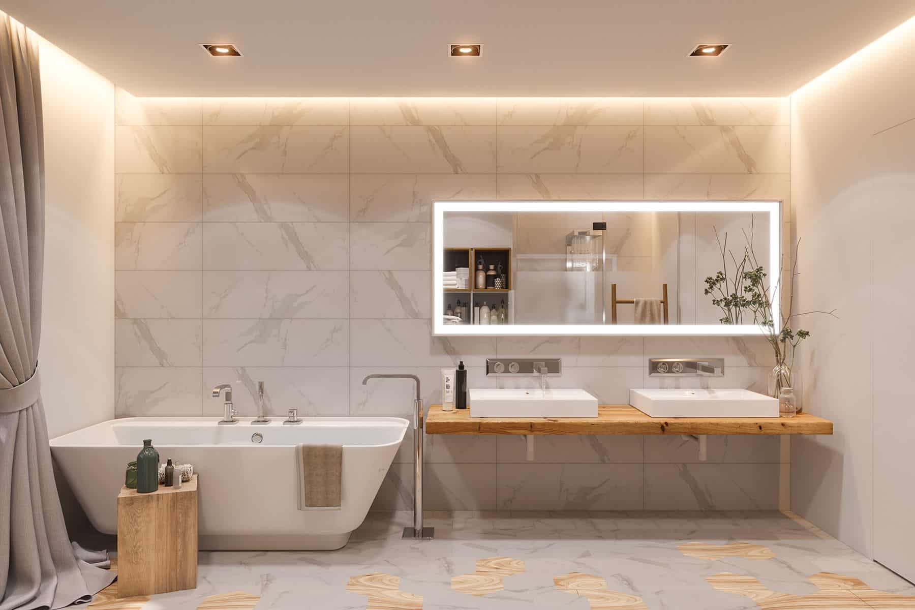 Minimalist bathroom featuring a freestanding bathtub, double sinks with wood countertop, and a large backlit mirror