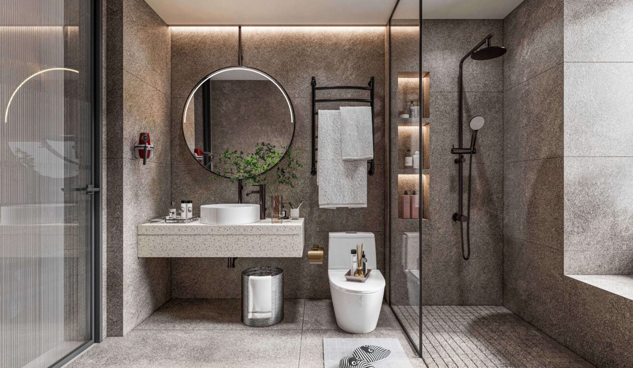 Elegant modern bathroom featuring a walk-in shower, floating vanity with round mirror, and built-in shelving
