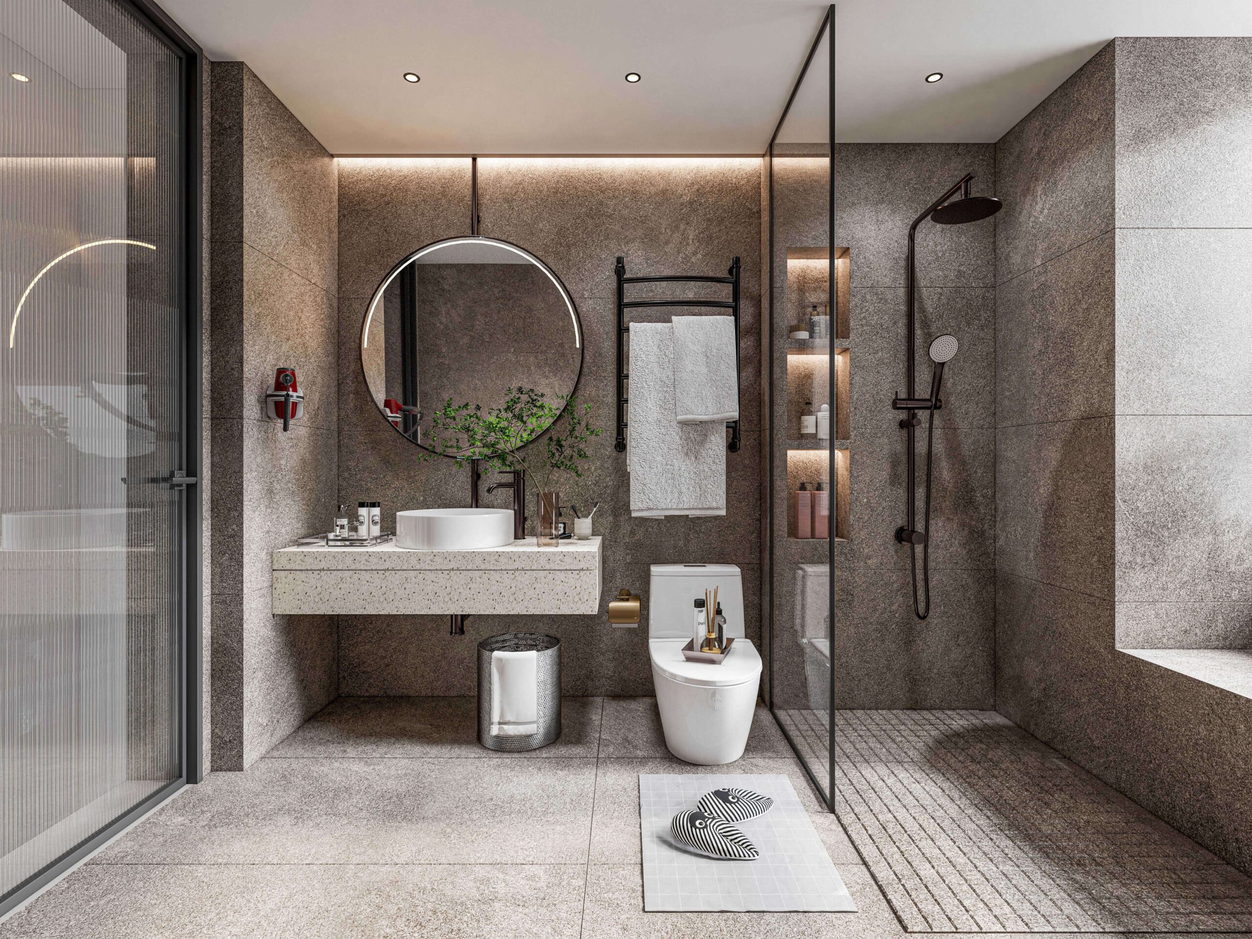 Elegant modern bathroom featuring a walk-in shower, floating vanity with round mirror, and built-in shelving