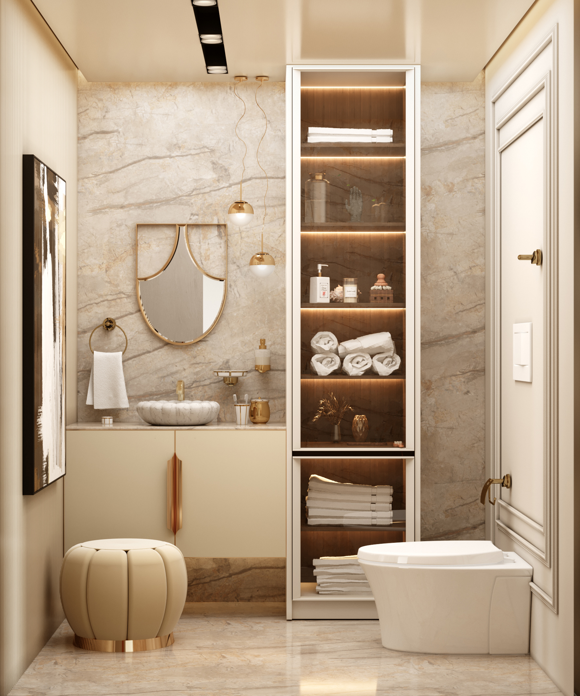 Luxurious powder room featuring marble walls, backlit shelving, and gold-accented decor