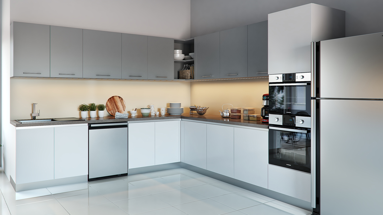 Contemporary kitchen featuring light lower cabinets, gray upper cabinets, built-in stainless steel appliances, and under-cabinet lighting.