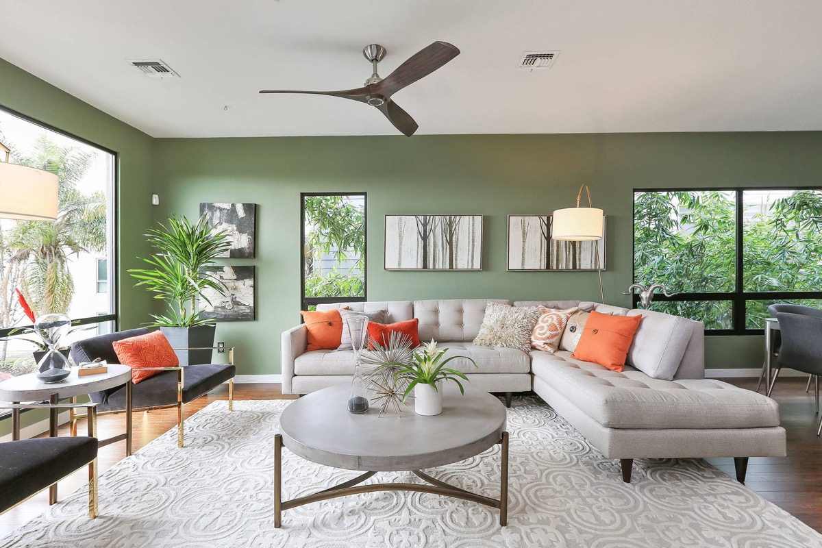Living room with a green accent wall, large windows, light brown sectional sofa, orange accent pillows, round coffee table, and lush indoor plants.