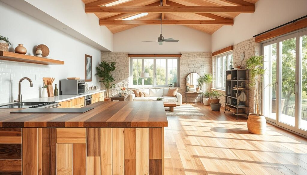 A bright, sun-lit interior showcasing an array of eco-friendly home materials. In the foreground, a sleek, modern kitchen counter crafted from reclaimed wood, complemented by energy-efficient appliances. In the middle ground, a living room with walls clad in natural stone tiles, accented by plush, organic cotton furnishings. In the background, large windows flood the space with natural light, highlighting the use of sustainably-sourced bamboo flooring. The overall atmosphere conveys a sense of warmth, comfort, and environmental consciousness, inviting the viewer to imagine a harmonious, sustainable living space.