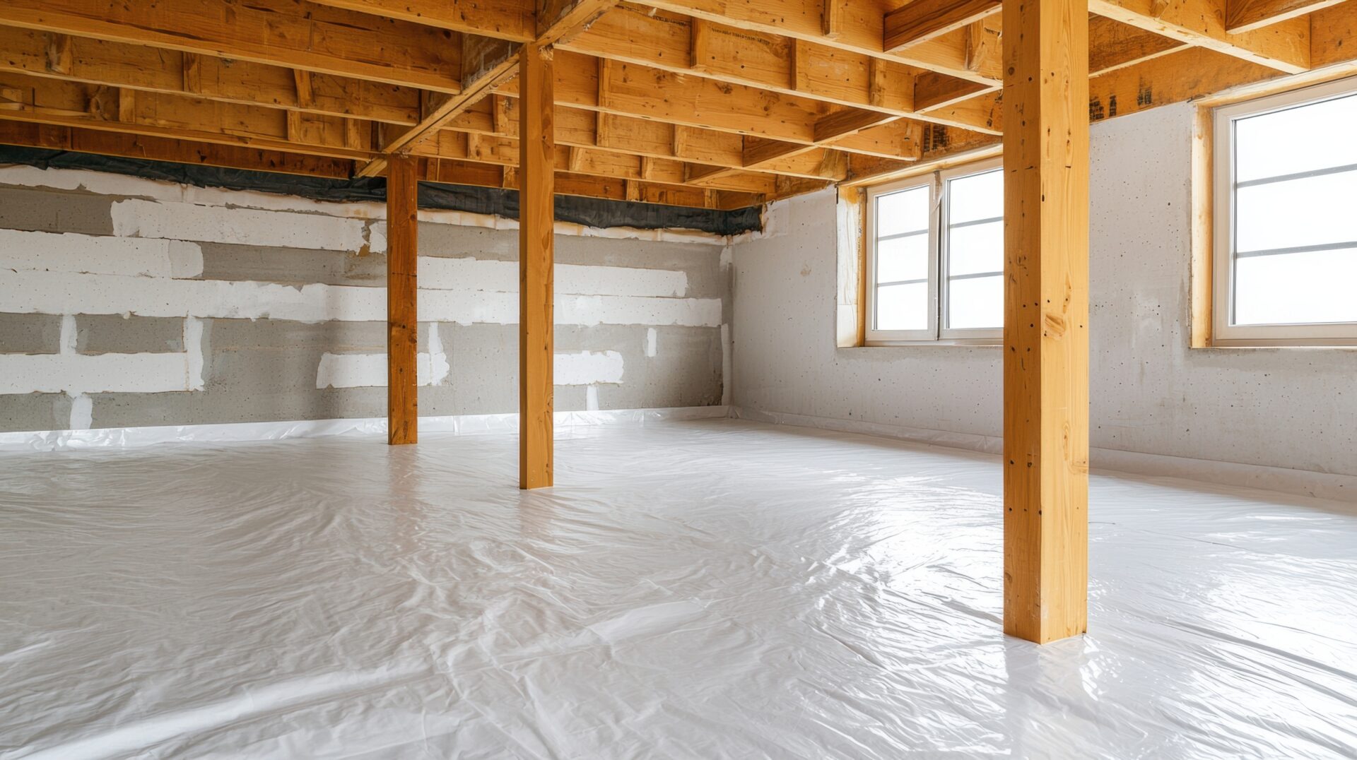 Clean crawl space with white vapor barrier covering the floor, exposed wooden beams, and natural light from two large windows.