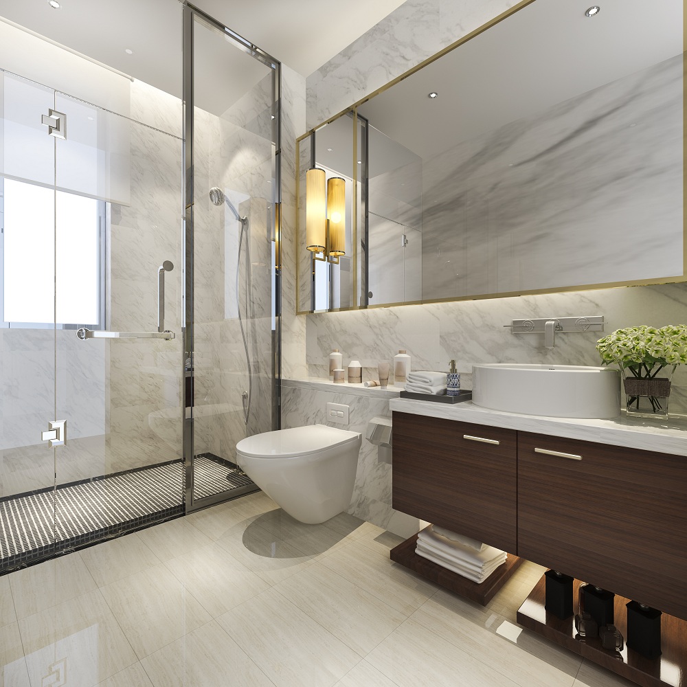 Elegant bathroom featuring marble wall tiles, a glass walk-in shower, a wall-mounted toilet, and a wooden floating vanity with a vessel sink.
