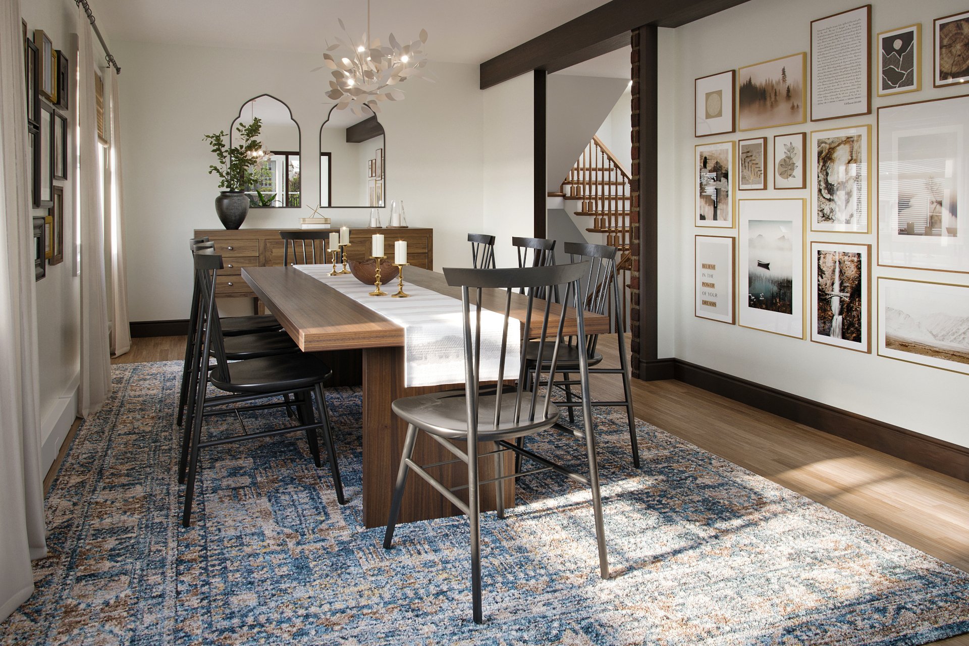 Dining room featuring a wooden table with black spindle chairs, a blue patterned rug, gallery wall of art, and decorative mirrors above a sideboard.