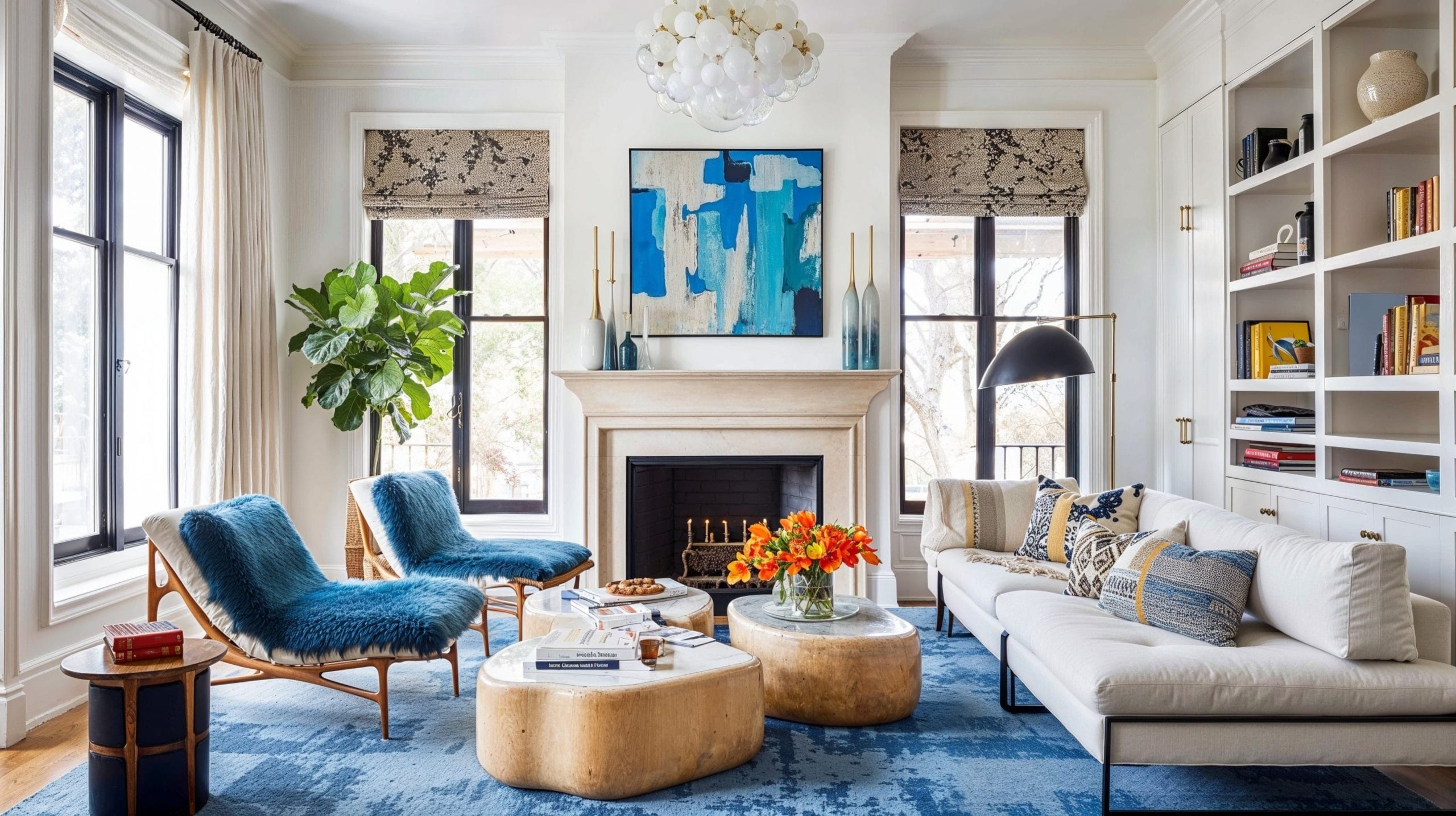 Modern living room with blue accents, abstract art, and cozy seating.
