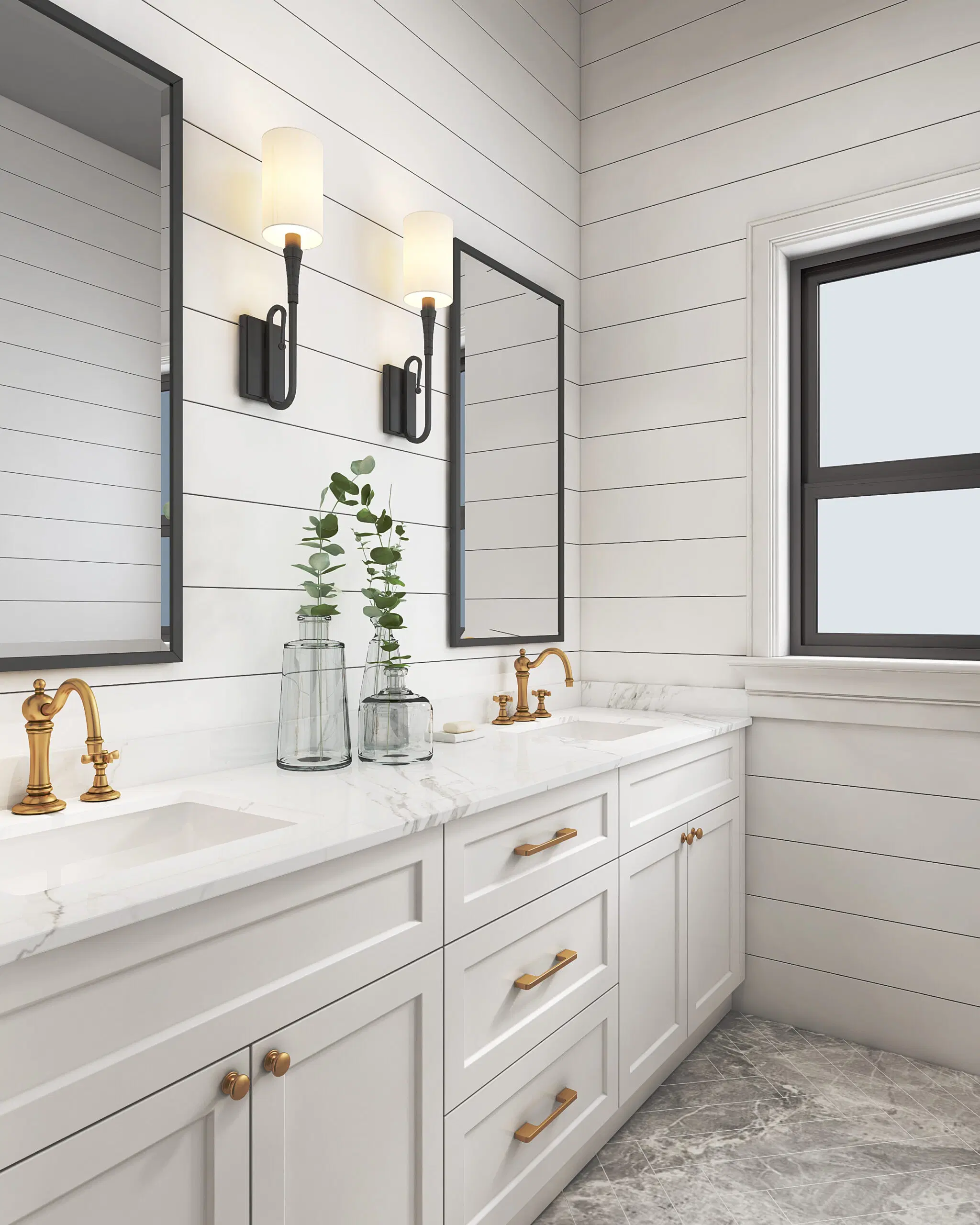 White shaker style bathroom vanity with double sinks and gold fixtures
