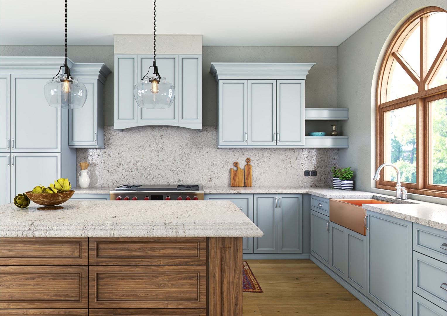 Spacious kitchen featuring light blue cabinets, a large wooden island with a stone countertop, arched window, modern glass pendant lights, and a farmhouse sink.