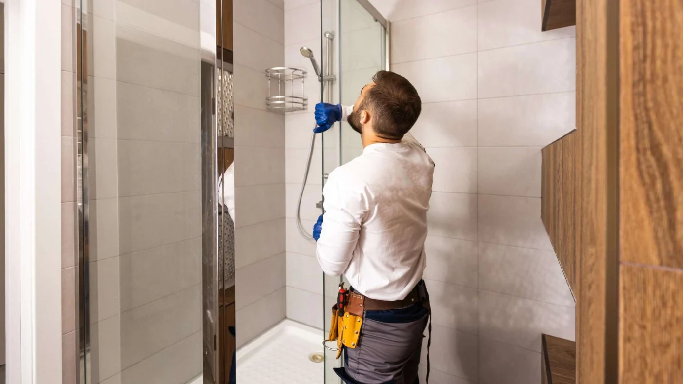 Technician inspecting a modern shower cabin installation