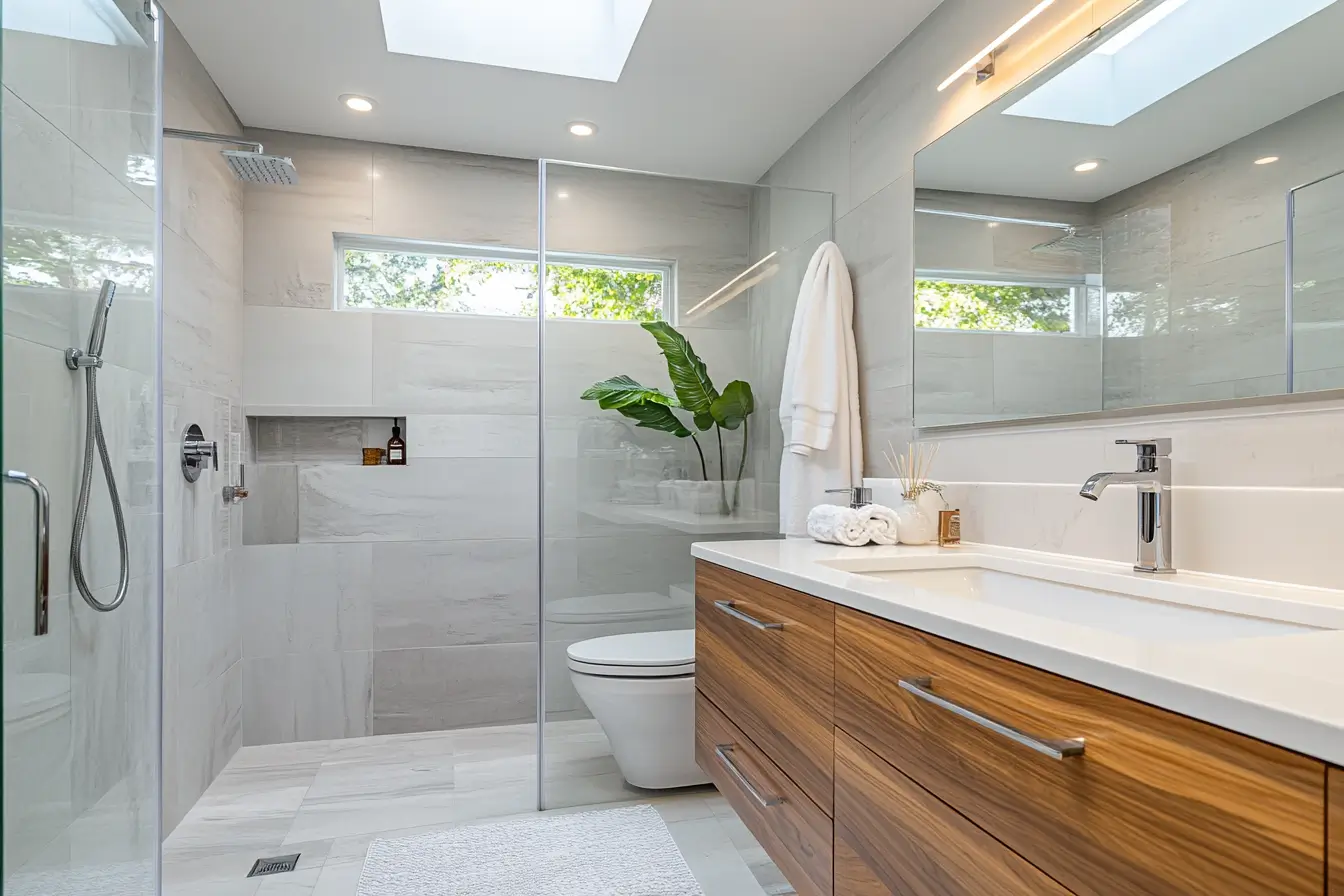 Contemporary bathroom featuring a frameless glass walk-in shower, wood vanity with white countertop, large mirror, and natural light from skylights.