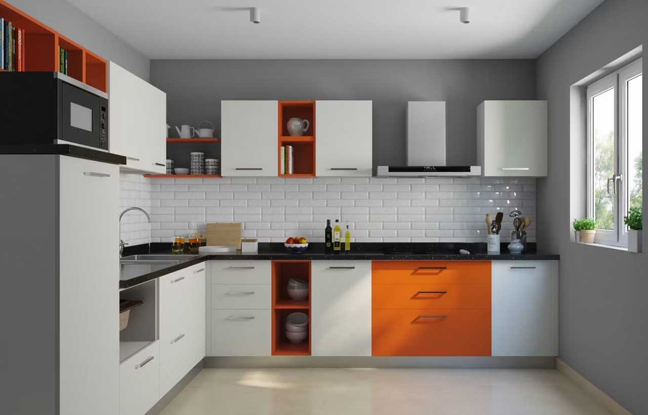 Modern modular kitchen with white and orange cabinets, black countertop, white subway tile backsplash, and large windows.