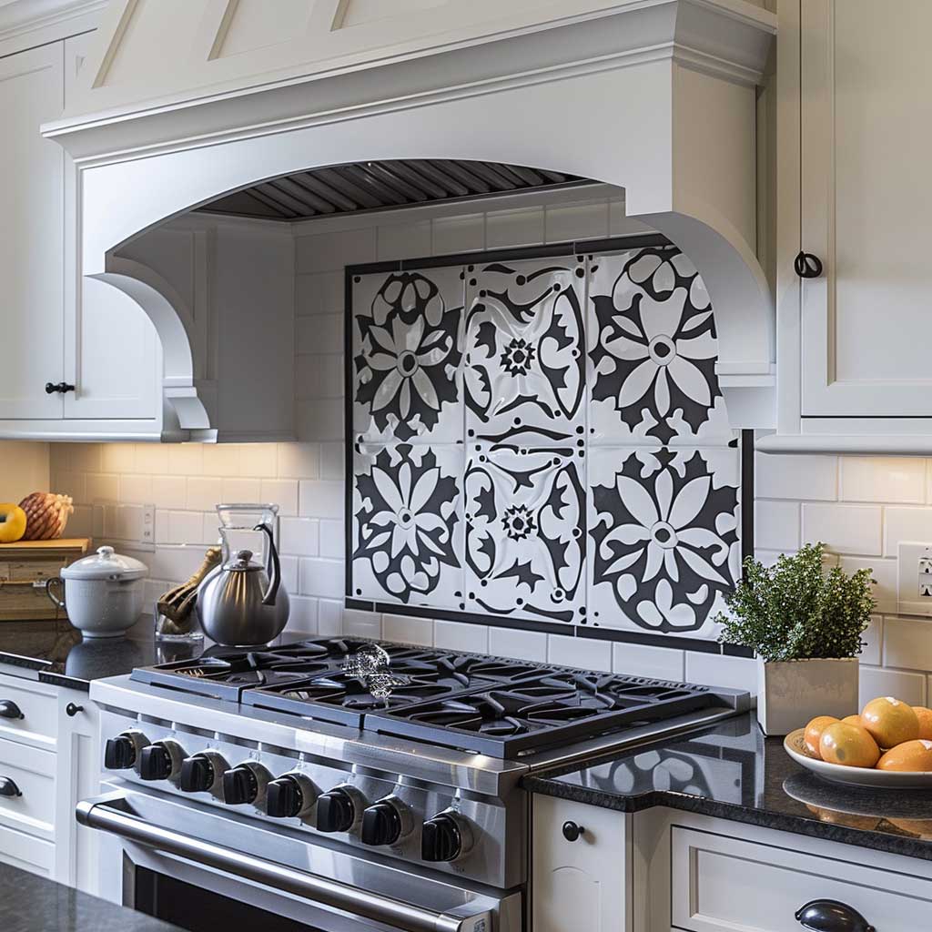 Kitchen featuring a stainless steel gas range, black countertops, white cabinetry, and a black and white decorative tile backsplash under a white hood.