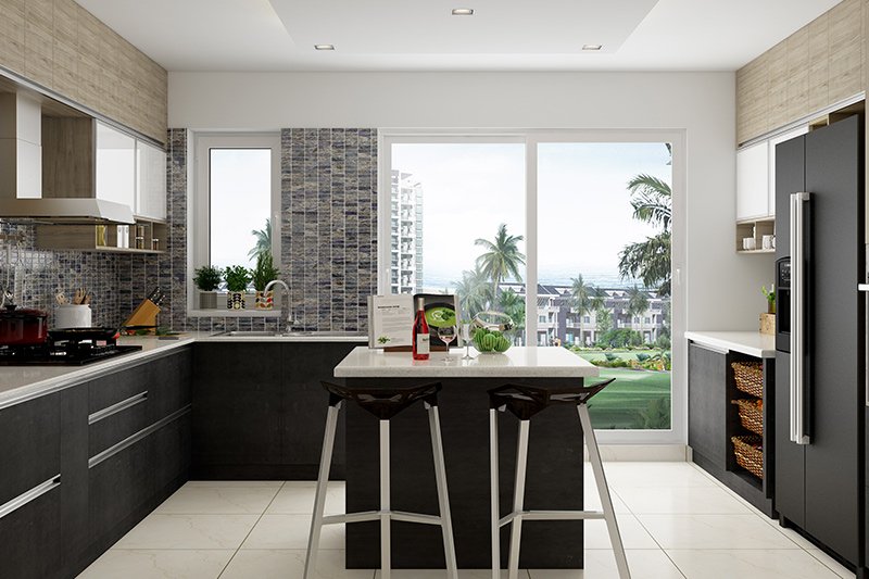 Modern modular kitchen with sleek black cabinets, central island, mosaic backsplash, and large glass windows overlooking a lush landscape.