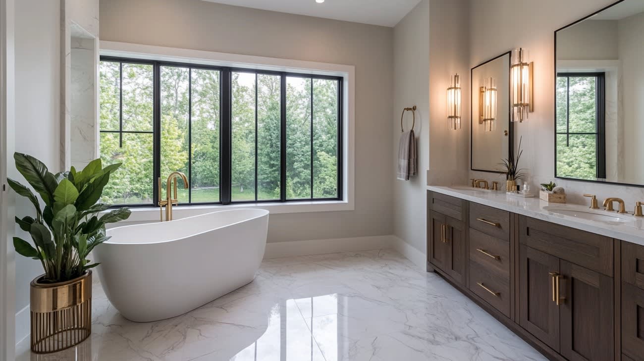 Luxurious bathroom with freestanding tub, double vanity, and large window.