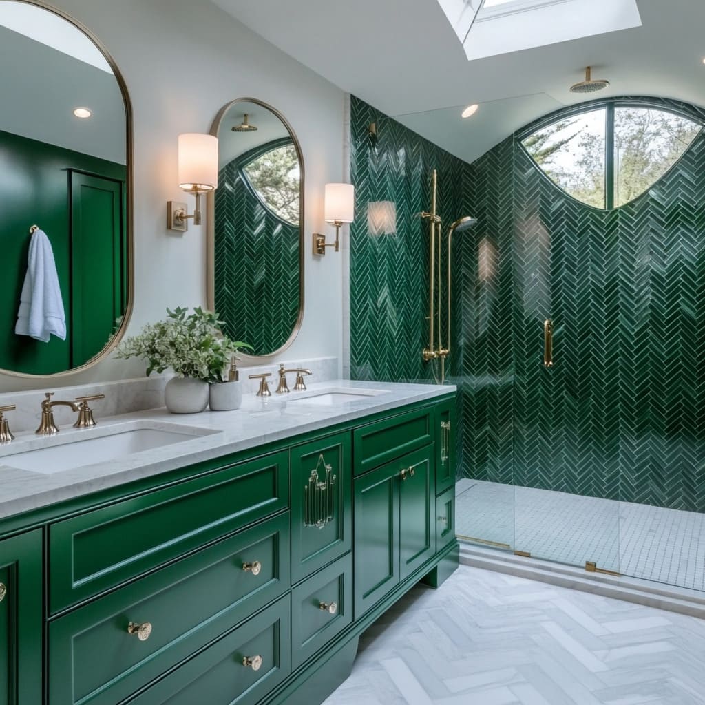 Luxurious bathroom with emerald green double vanity, brass fixtures, and glass shower with herringbone tile.