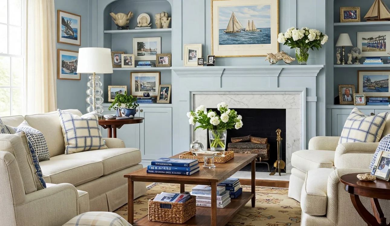 Cozy living room with light blue built-in shelves, neutral sofas, nautical-themed decor, and a white fireplace.